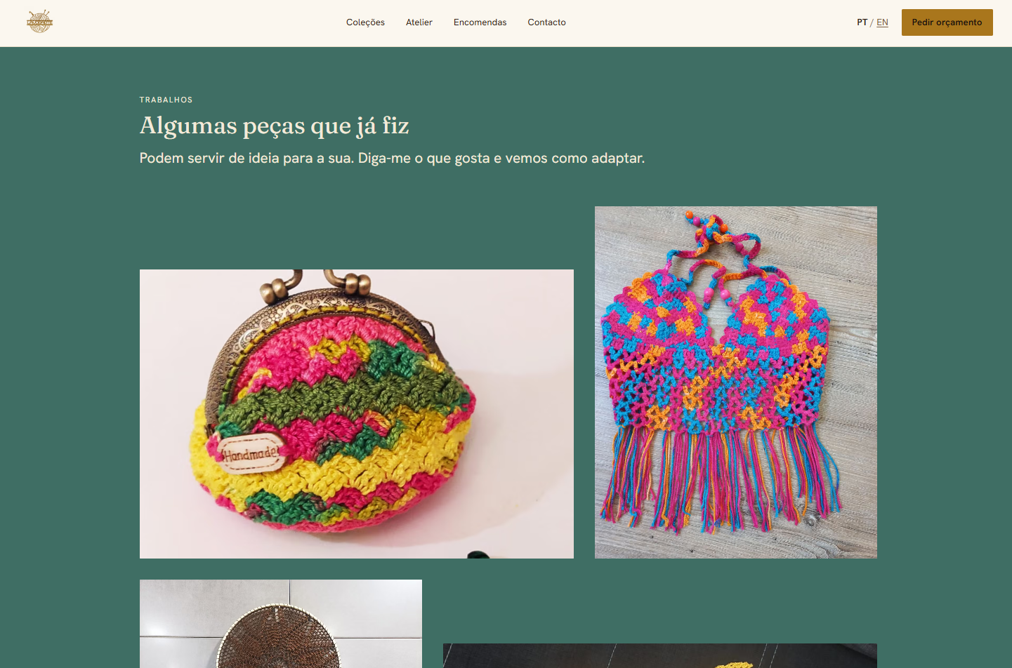 Secção do site da Lavorarte com uma galeria de peças em croché e tricô já feitas