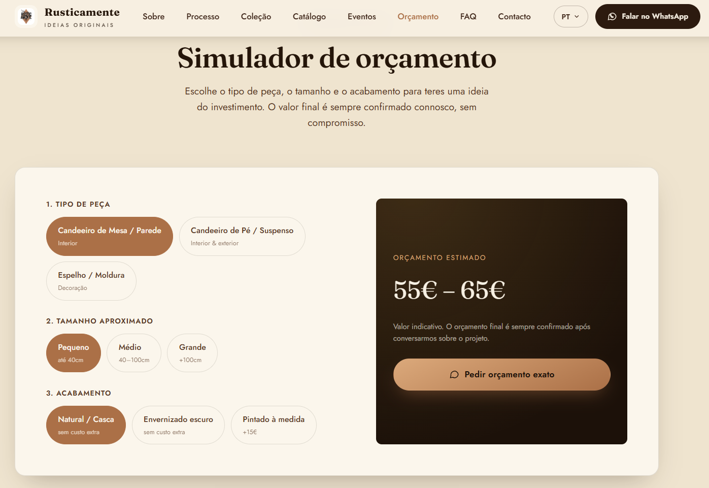 Secção 'Simulador de orçamento' do site da Rusticamente, com a ferramenta de cálculo de preço estimado